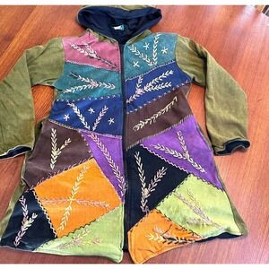 Kathmandu Imports Patchwork Y2K Sweater Jacket Hood Embroidered Hippy Boho *READ